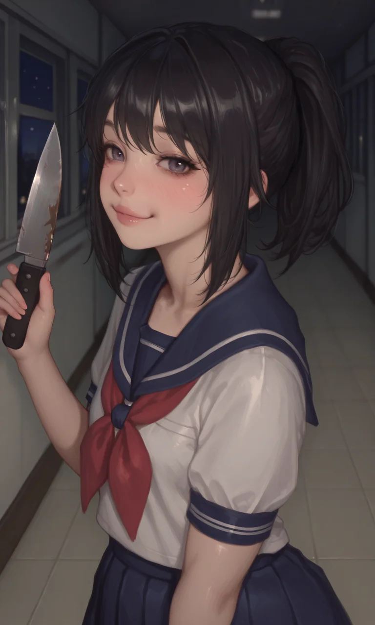 embedding:IllusP0s, artist:moriimee, 1girl, yanderechan, sailor school uniform, holding knife, blush, night, hallway, smile, loving, realistic, indoors, embedding:IllustriousQual, embedding:Smooth Quality,<lora:MoriiMee_Gothic_Niji_Style_Illustrious_r1.safetensors:1.0:1.0> <lora:yanderechan_ill.safetensors:1:1>