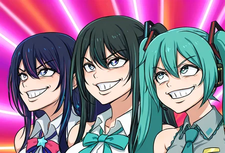 (masterpiece, high quality, amazing detail), highres, getter team pose meme, smile, 3girls, grin, meme, hatsune miku, hoshino ai, chando \(ado\), <lora:getter_team_pose:1>