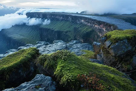 In the misty highlands of Mount Roraima, Venezuela, where sheer cliffs rise from dense clouds and flat plateaus stretch into ancient sky. At moonlit night, (silvered moss sheets:1.2) glow faintly on the rock, plateaus feel endless, and wind whispers high.,