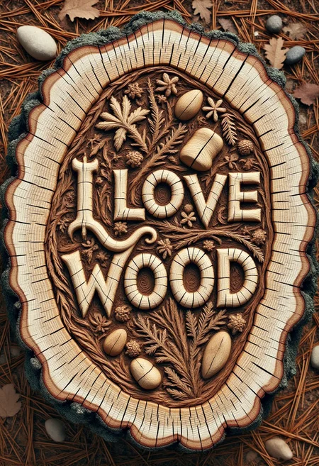 Photograph of a highly detailed, intricately carved wooden sculpture of "I love wood", set within the hollow of a tree stump,