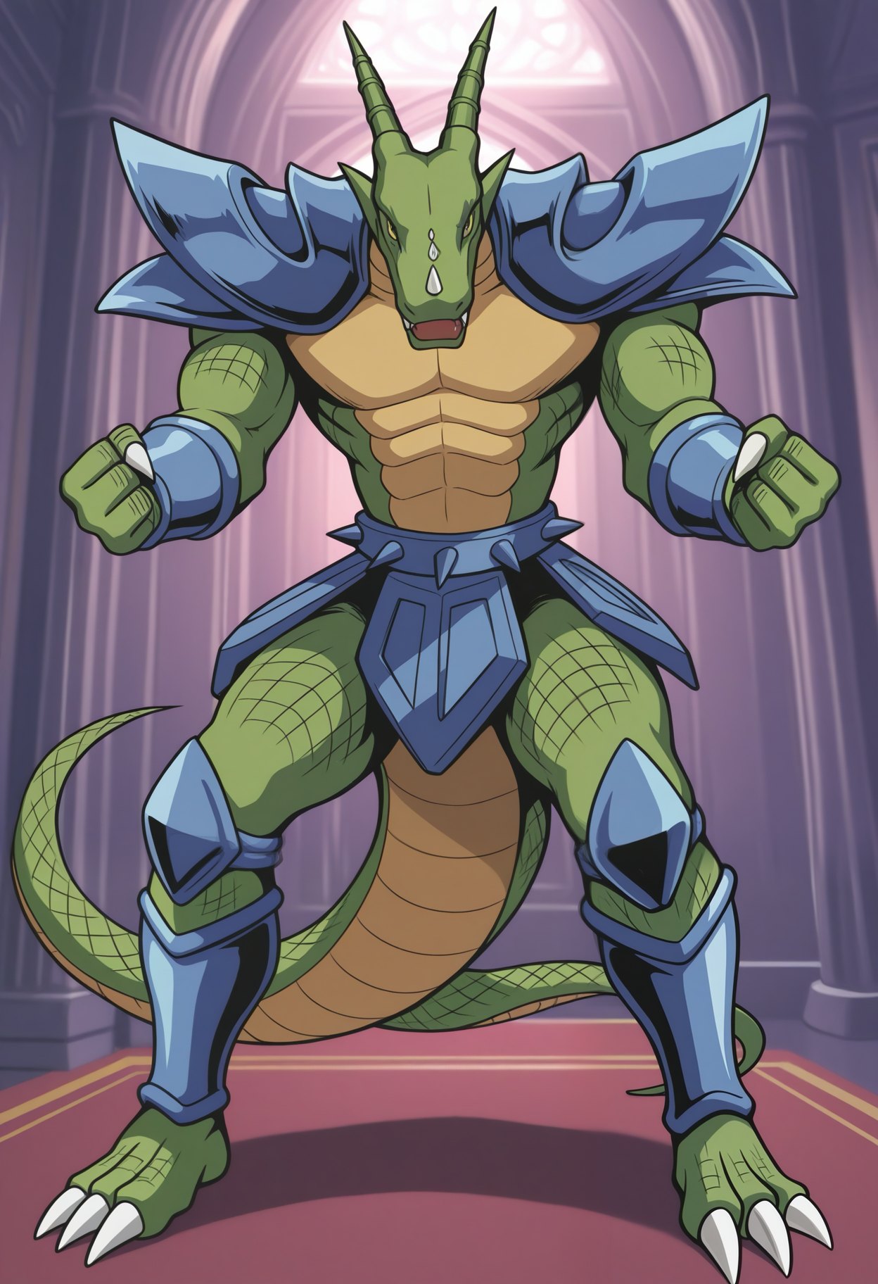 masterpiece,best quality,amazing quality, 1boy, solo, g4r00z1s, dragon boy, slit pupils, green scales, pauldrons, gauntlets, crotch plates, spiked waist armor, kneecaps, greaves, faulds, full body, outside,