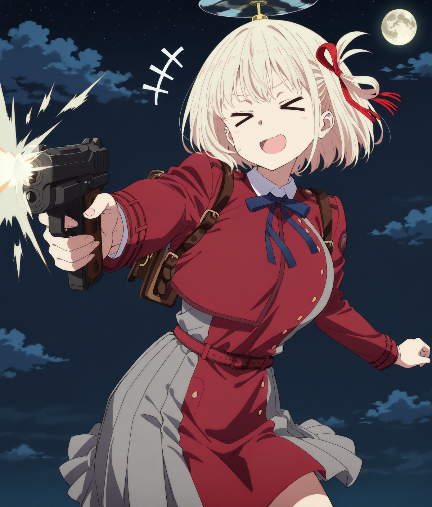 masterpiece,best quality,absurdres,highres,very aesthetic,high quality,perfect anatomy,
1girl,solo,
anime coloring,
<lora:takecopter_ILv10_v1:1>,takecopter,night sky,cloud,moon,flying,
<lora:chisato-nishikigi-s1-illustrious-lora-nochekaiser:1>,chisato nishikigi,
short hair,bangs,blonde hair,hair ribbon,one side up,bob cut,large breasts,
shirt,long sleeves,dress,ribbon,white shirt,collared shirt,belt,neck ribbon,red dress,blue ribbon,pleated dress,grey dress,two-tone dress,red belt,lycoris uniform,
looking down,>_<,open mouth,laughing,+++,holding handgun,firing,