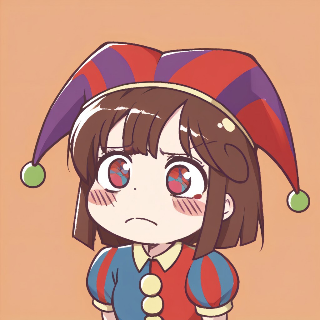 score_9, score_8_up,score_7_up,score_6_up, source_anime, chibi, frown, worried, pomni, 1girl, colored skin, blush stickers, jester cap, striped clothes, puffy short sleeves, mismatched gloves, puffy shorts, circus background