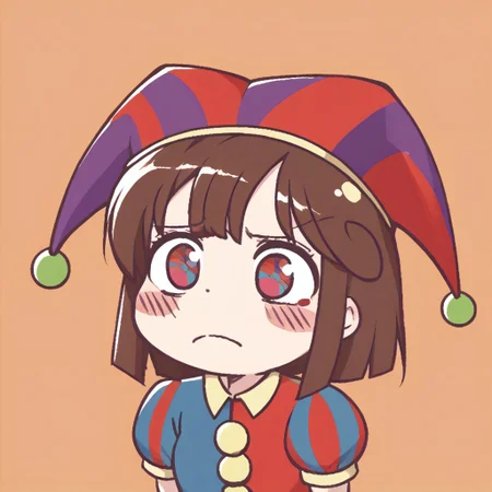 score_9, score_8_up,score_7_up,score_6_up, source_anime, chibi, frown, worried, pomni, 1girl, colored skin, blush stickers, jester cap, striped clothes, puffy short sleeves, mismatched gloves, puffy shorts, circus background