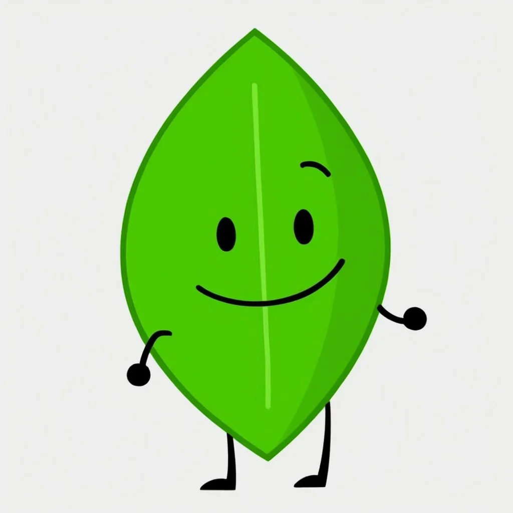 masterpiece, score_9, score_8_up, black outlines, cartoon style, minimalist design, LeaaffBfdi, full body, standing, digital art, 1girl, solo, female focus, anthropomorphic leaf, from front, standing, leaf-shaped character, no humans, black limbs, black arms, black legs, smooth green skin, bright highlights, central vein detail on leaf, dotted eyes, black eyes, cute expression, vibrant and clean colors, cheerful design, no clothing, white background