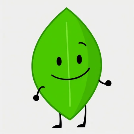 masterpiece, score_9, score_8_up, black outlines, cartoon style, minimalist design, LeaaffBfdi, full body, standing, digital art, 1girl, solo, female focus, anthropomorphic leaf, from front, standing, leaf-shaped character, no humans, black limbs, black arms, black legs, smooth green skin, bright highlights, central vein detail on leaf, dotted eyes, black eyes, cute expression, vibrant and clean colors, cheerful design, no clothing, white background