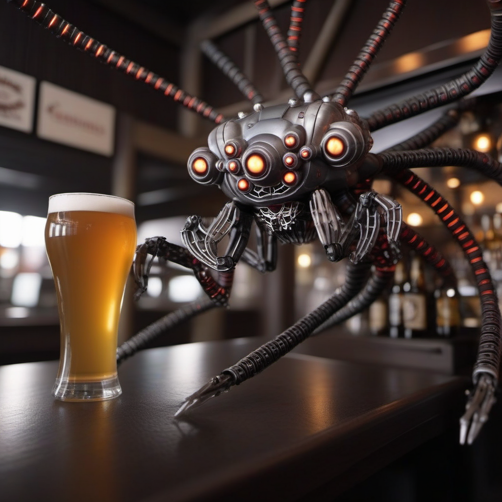 SentinelsMatrix1024, a robot spider having a beer in a pub , highly detailed, photography, ultra sharp, film, bokeh, professional, 64k  <lora:SentinelsMatrix1024:0.8>