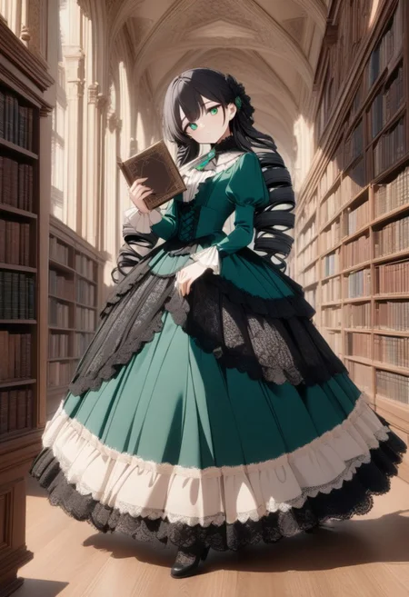8k, masterpiece, highly detailed,
1girl wearing an emerald blue (victorian dress), <lora:victorian_dress-XL-2.0:1>
black hair, ringlets, green eyes,
full body, head tilt, holding a book, library, black lace