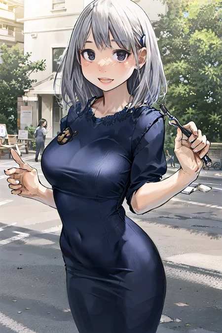 masterpiece, best quality, ultra-detailed, illustration, 1girl, looking at viewer, white hair, large blue dress, yomu \(sgt epper\), <lora:YomStyle-000010:1>