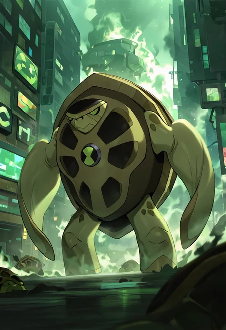 masterpiece, best quality, amazing quality, very aesthetic, absurdres, newest,, detailed background, 
terraspin, pokemon (creature), solo, no humans, closed mouth, green eyes, green skin, shell, turtle, small head
futuristic city, foreground blur, smoke, green smoke, sci fi lab,