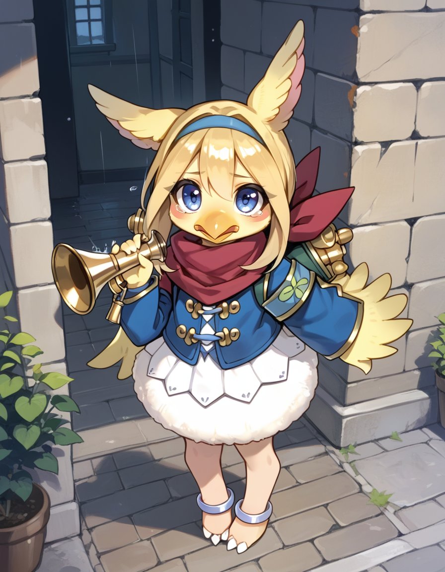 (score_9:0.9),score_8_up,score_7_up,rating_safe,anime_style,(zPDXL3),(zPDXL),
<lora:Filo, Messenger Fur Hire ponyXL v1.1:0.85>,
filo messenger fur hire,solo,1girl,castle,full body,blush stickers,standing,cyan hairband,silver anklet,sidelocks,looking up,open mouth,blush,barefoot,red scarf,looking at viewer,bird girl,green backpack,blue jacket,bottomless,beak,feathered wings,tears, rain, holding trumpet, trumpet
