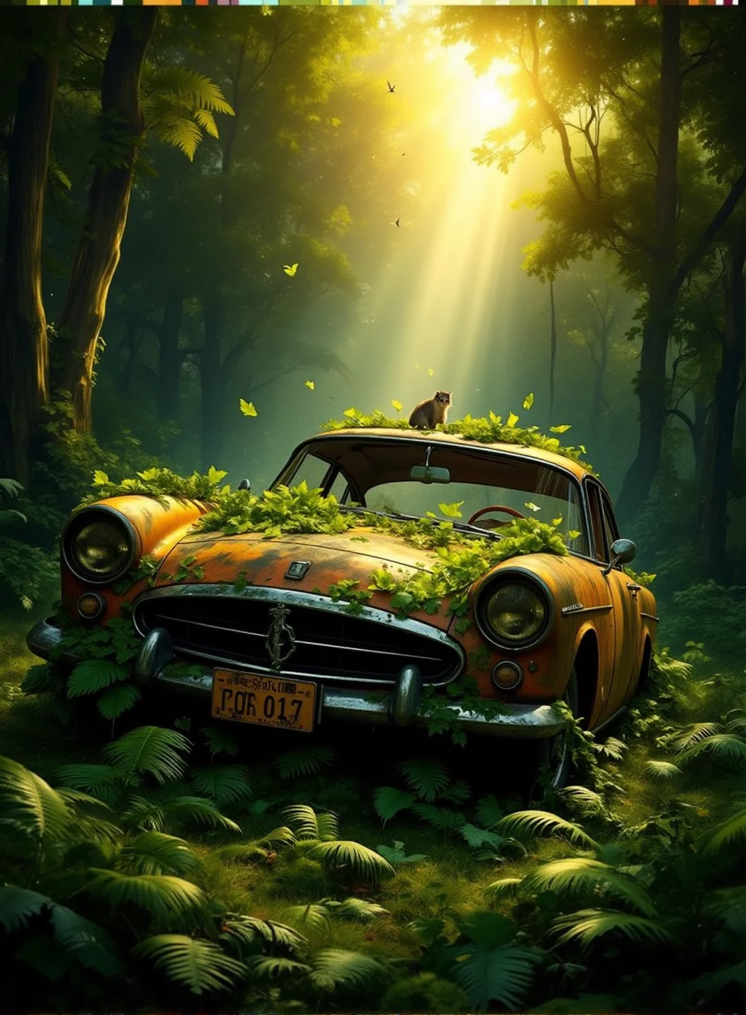 Green_Ruinji, The image is a digital illustration of a mysterious and eerie scene in a forest. The focal point of the image is an old, rusted car that is lying on its side in the middle of the frame. The car is covered in green and yellow leaves, giving it an aged and weathered appearance. The front of the car is completely covered in dirt and debris, with the hood and grille missing. The headlights are turned on, and the car appears to be in a state of disrepair. The background is filled with tall trees and ferns, creating a dense canopy of greenery. A bright light is shining through the trees, casting a warm glow on the scene. A small animal can be seen peeking out from behind the car, adding to the eerie atmosphere. The overall mood of the illustration is eerie and mysterious
