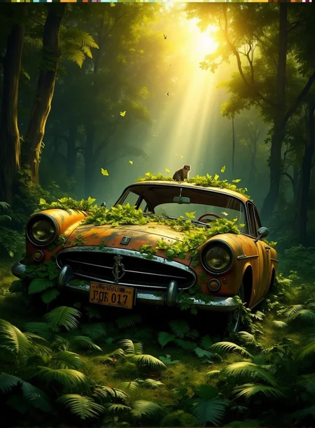 Green_Ruinji, The image is a digital illustration of a mysterious and eerie scene in a forest. The focal point of the image is an old, rusted car that is lying on its side in the middle of the frame. The car is covered in green and yellow leaves, giving it an aged and weathered appearance. The front of the car is completely covered in dirt and debris, with the hood and grille missing. The headlights are turned on, and the car appears to be in a state of disrepair. The background is filled with tall trees and ferns, creating a dense canopy of greenery. A bright light is shining through the trees, casting a warm glow on the scene. A small animal can be seen peeking out from behind the car, adding to the eerie atmosphere. The overall mood of the illustration is eerie and mysterious