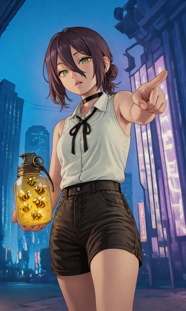 embedding:IllusP0s, GTAV5LS-ILV1.0, reze_\(chainsaw_man\), purple hair, green eyes, black choker, sleeveless, white shirt, black ribbon, black shorts, contrast lighting, night, holding bee grenade jar, pointing at viewer, low angle, night, city, 1girl, solo, parted lips,<lora:GTAV5-Loading-IL-000012.safetensors:1.0:1.0> <lora:bee grenade jar_illustrious.safetensors:0.8:0.8>