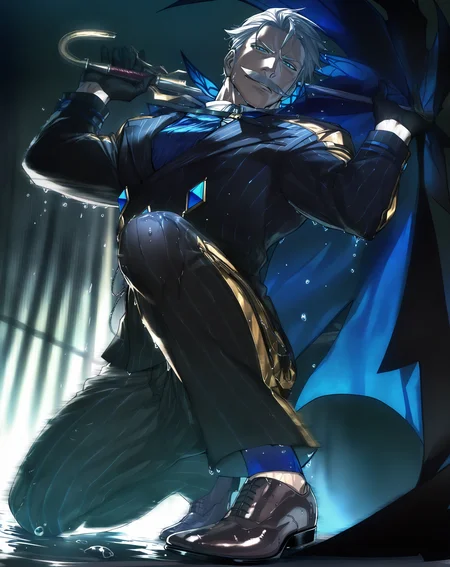 realistic shading,dark environment,dim lighting,expressive face,looking at viewer,1boy,facial hair,male focus,mustache,vertical stripes,pinstripe suit,pants,full body,gloves,striped pants,shoes,<lora:MLYDIIL:0.9>,manly,dynamic angle,masterpiece,best quality,wet,imposing,dynamic angle,intricately detailed illustration,masterpiece,best quality,amazing quality,very aesthetic,absurdres,newest,, score _9,score_8_up, score_7_up,source_anime,rating_explicit,
