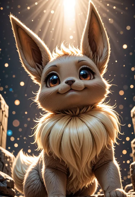 score_9, score_8_up, score_7_up, score_6_up, score_5_up, score_4_up,  feral, eevee, large ears, smirk, smug, proud, closeup, low angle view, backlight, bokeh, dramatic lighting, vivid lighting, realistic, detailed, fluffy, dark background, (grey fur:1.3), sparkles  <lora:Hyper-SDXL-2steps-lora:1.0> <lora:spo_sdxl_10ep_4k-data_lora_webui:1.0>