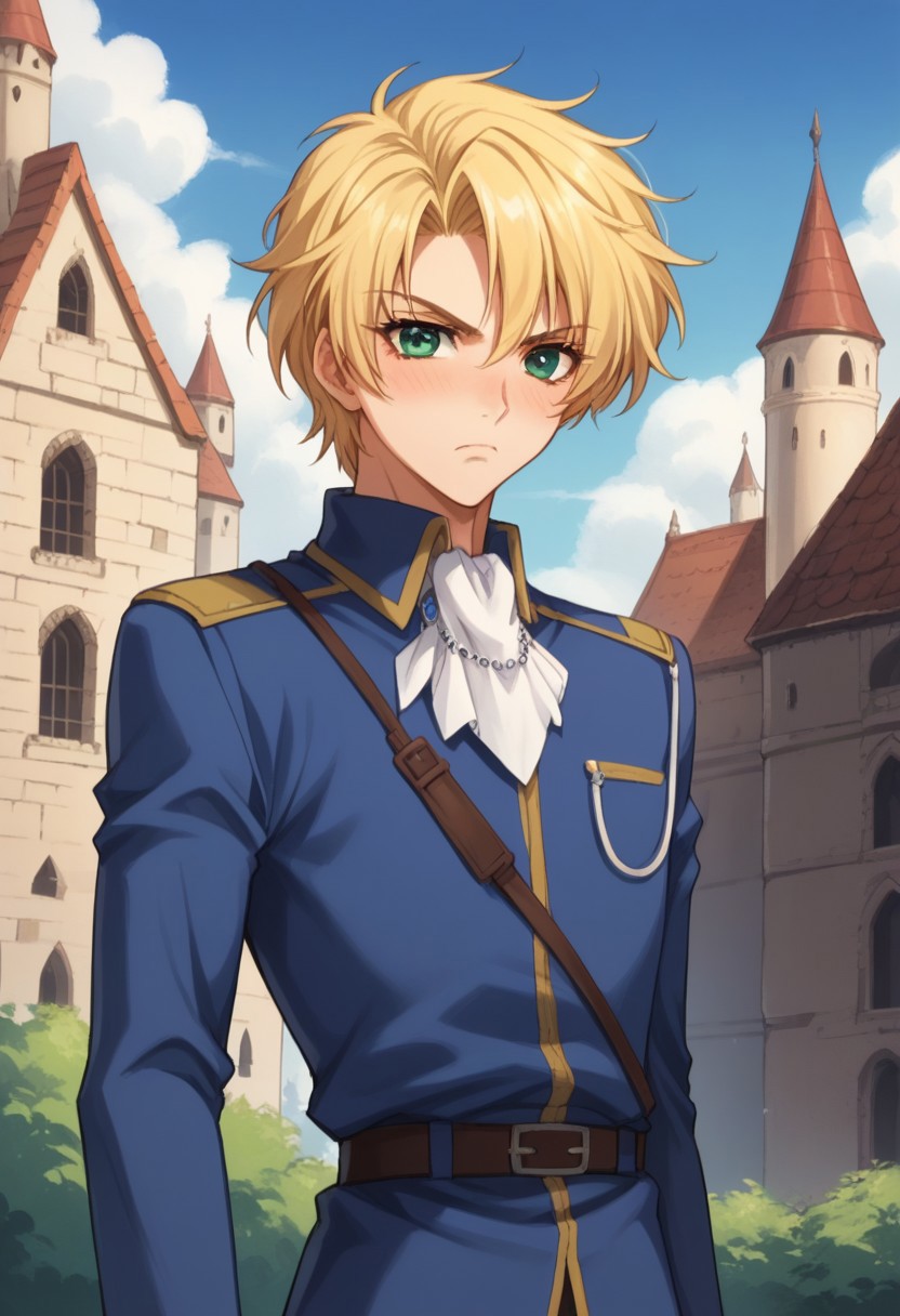 score_9, score_8_up, score_7_up, source_anime, highly detailed, 
wolfram, 1boy, solo, male focus blonde hair, uniform, green eyes, military, 
military uniform, ascot, looking at viewer, slender, skinny, frown, blush, androgynous
outdoor, medieval, castle, sky,