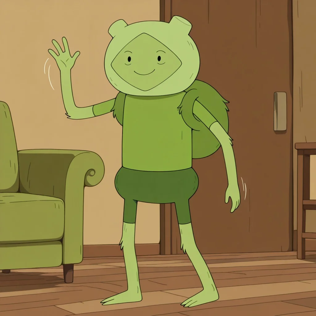 masterpiece, best quality, amazing quality, official style, f3rn, male, solo, humanoid, green body, black dot eyes, two toes, barefoot, green hoodie, green shirt, green backpack, short sleeves, green shorts, standing, waving hi, smile, indoors, living room