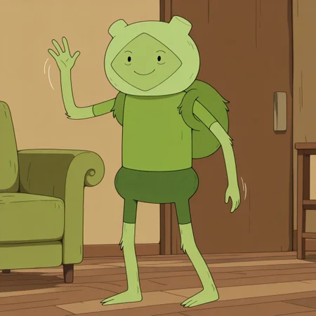 masterpiece, best quality, amazing quality, official style, f3rn, male, solo, humanoid, green body, black dot eyes, two toes, barefoot, green hoodie, green shirt, green backpack, short sleeves,  green shorts, standing, waving hi, smile, indoors, living room