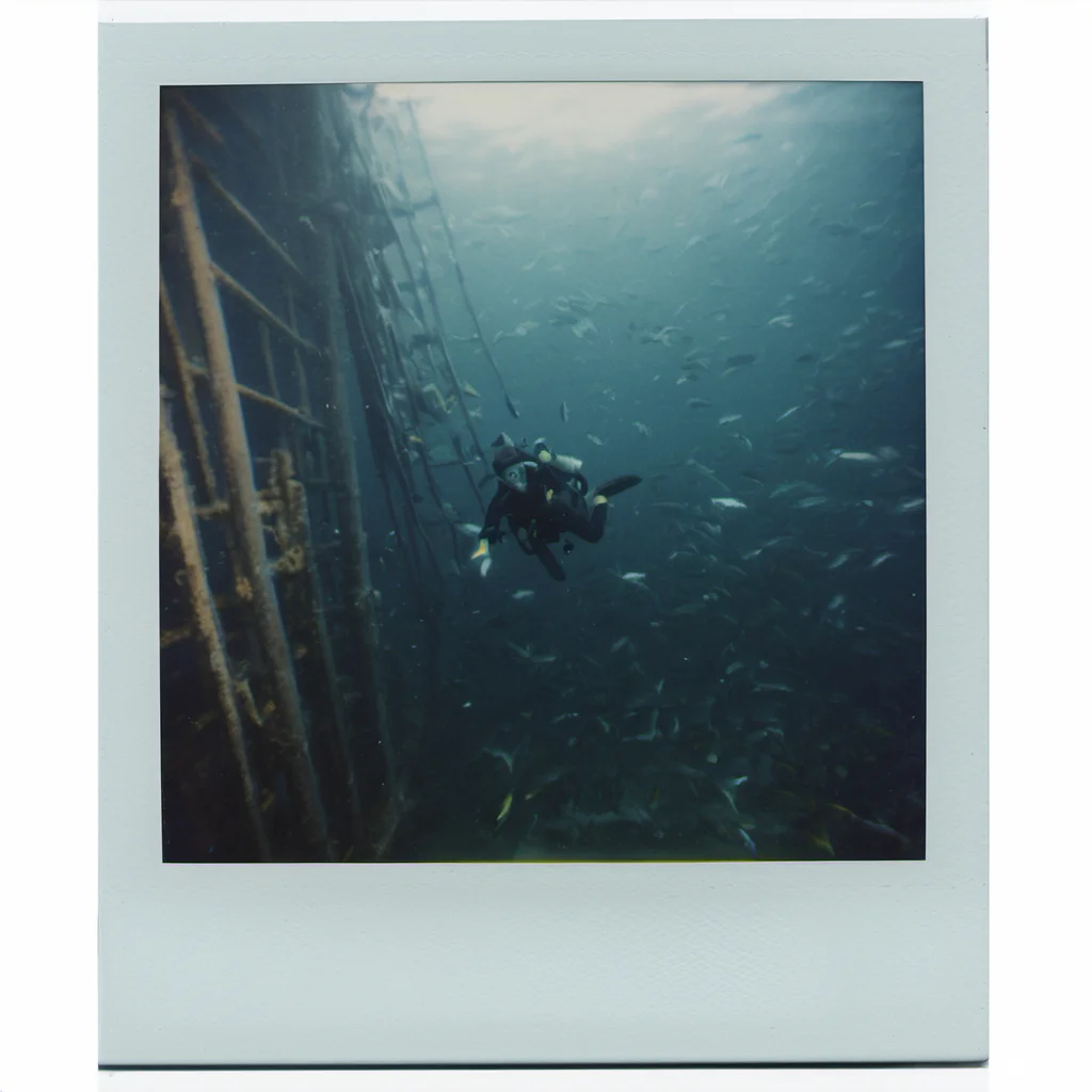 polaroid of A diver exploring a sunken ship, schools of fish weaving around. <lora:Polaroid_XL:1>