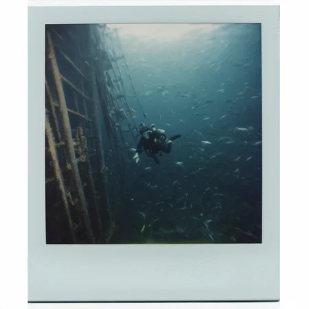 polaroid of A diver exploring a sunken ship, schools of fish weaving around.  <lora:Polaroid_XL:1>