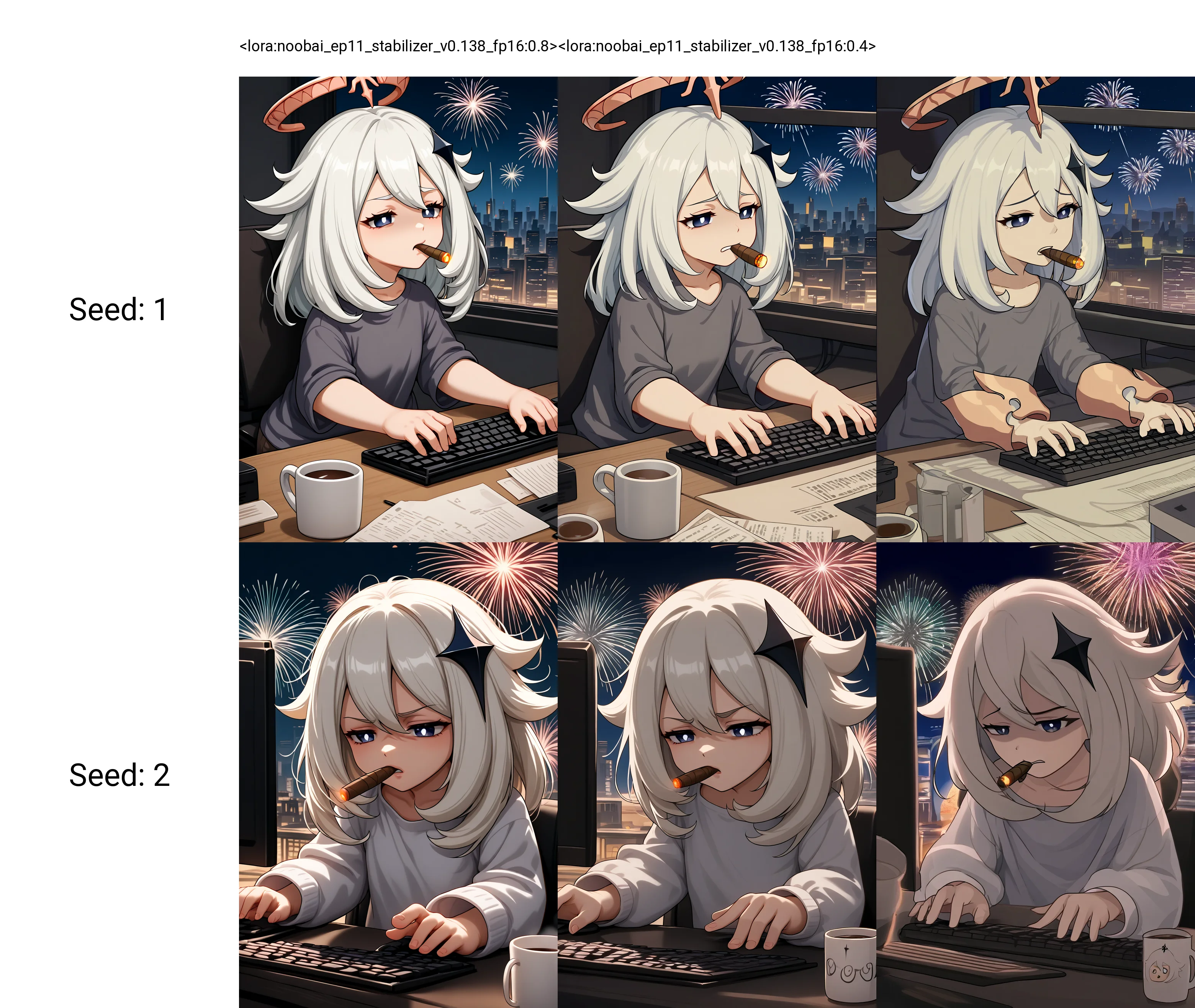 <lora:noobai_ep11_stabilizer_v0.138_fp16:0.8>1girl,solo,paimon \(genshin impact\),disgust,half-closed eyes,cigar in mouth,shirt,messy hair,typing,in office,night,cityscape,fireworks,computer keyboard,coffee mug,masterpiece,