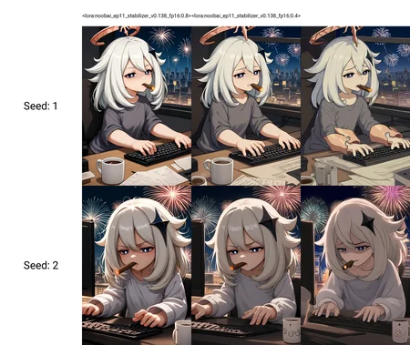 <lora:noobai_ep11_stabilizer_v0.138_fp16:0.8>1girl,solo,paimon \(genshin impact\),disgust,half-closed eyes,cigar in mouth,shirt,messy hair,typing,in office,night,cityscape,fireworks,computer keyboard,coffee mug,masterpiece,