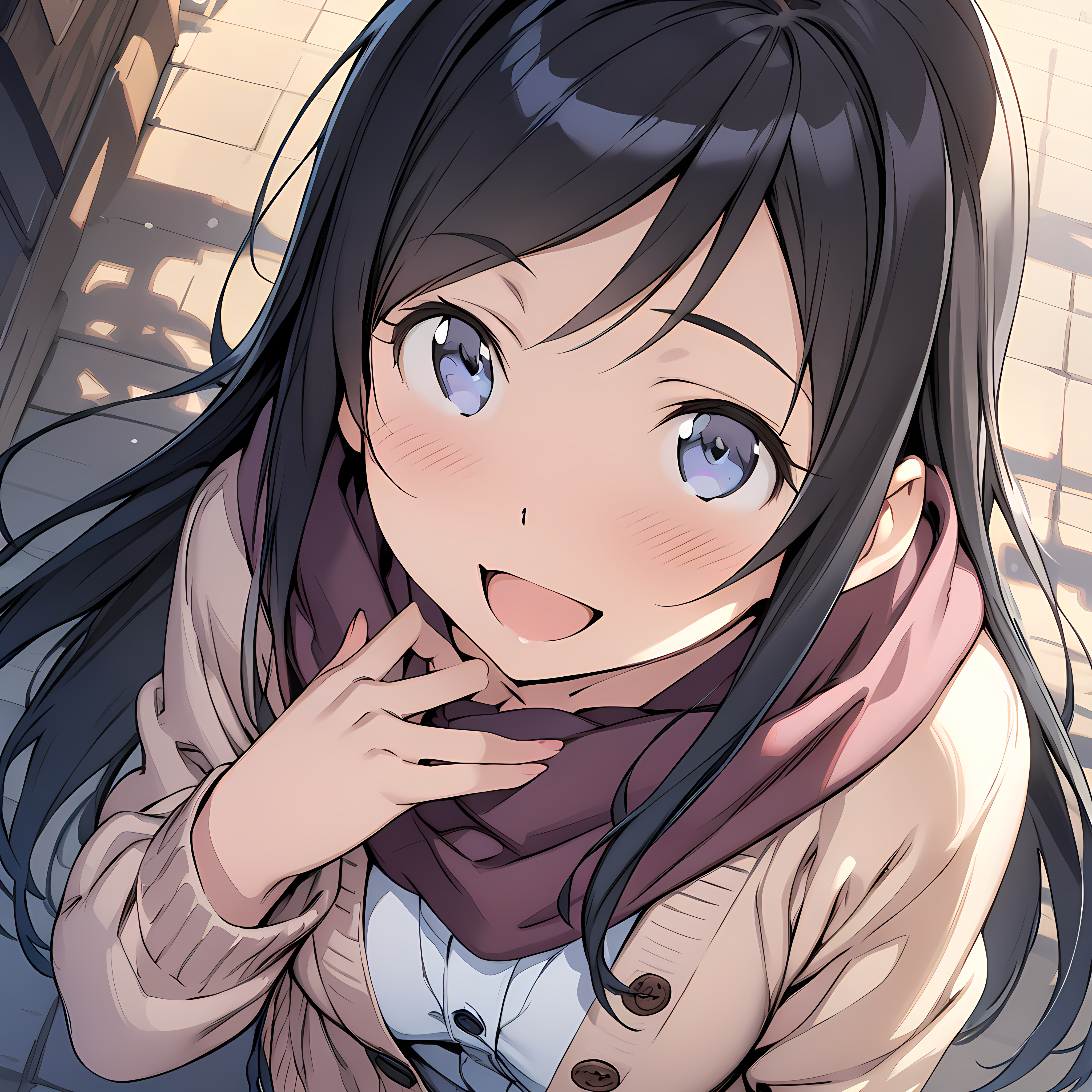 (masterpiece),(best quality),(ultra-detailed),(best illustration),(best shadow),(absurdres),(detailed background),(very aesthetic), ayase aragaki, 1girl, solo, long hair, black hair, scarf, open mouth, blue eyes, blush, smile, cardigan <lora:Ayase_Aragaki_-_Oreimo:1>