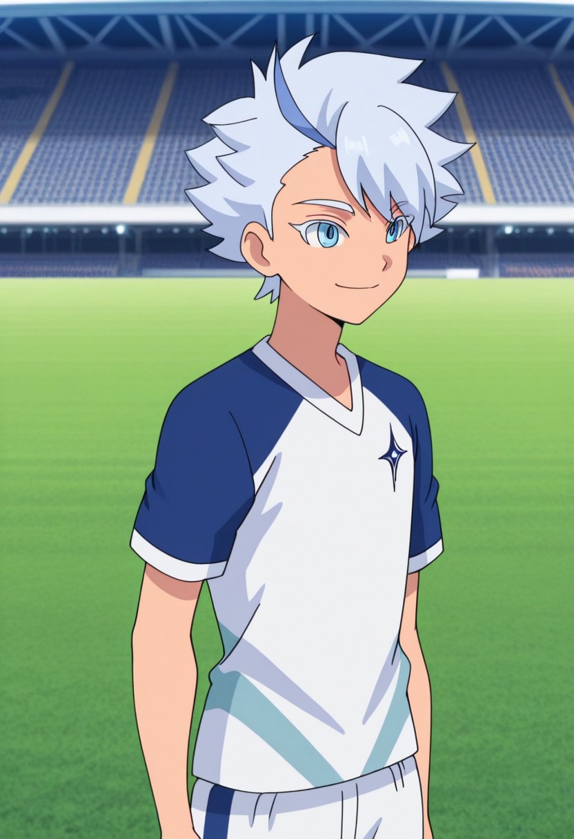 masterpiece,best quality,amazing quality, source_anime,
FroyGirikanan, 
1boy, male focus, solo, blue eyes, multicolored hair, grey hair, blue hair, supaku soccer uniform, shirt, raglan sleeves, short sleeves, multicolored shirt, blue and white shirt, smile, 
outdoor, stadium, grass,