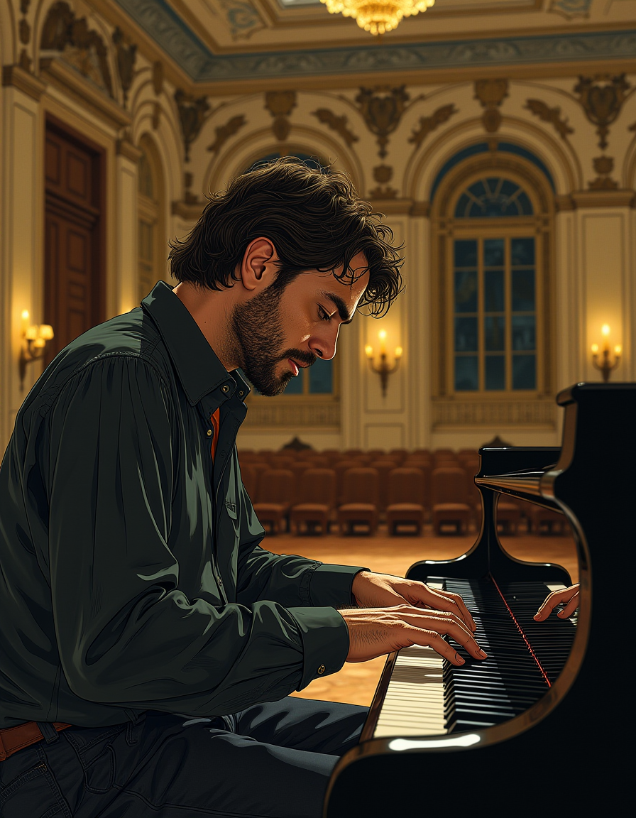 f4nt4st1c  In the silence of a massive hall, a man plays a melancholic tune on a grand piano, his fingers gliding over the keys as his face reflects deep, unspoken emotions
 <lora:fantastic-realism:0.8>