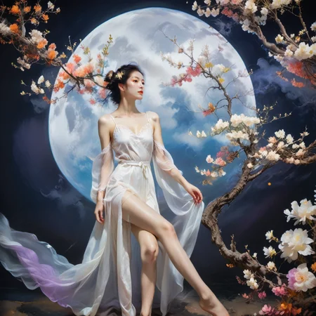 <lora:add-detail-xl:1.0>, 1girl, barefoot, solo, bare legs, dress, branch, flower, black hair, see-through, moon <lora:LangV1:0.7>, <lora:RuanV1:0.6>,