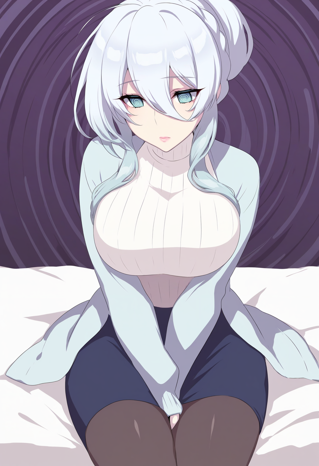masterpiece, best quality, high quality, 1girl, sitting, hand between legs, expressionless, @ @, pink lips, <lora:YukinoMifuyu-ixl:1> yukino, grey hair, gradient hair, single hair bun, braid, sidelocks, long hair, hair between eyes, aqua eyes, white sweater, ribbed sweater, turtleneck sweater, large breasts, light blue cardigan, open cardigan, long sleeves, blue skirt, pencil skirt, black pantyhose, sleeves past wrists, on bed, abstract background, spiral, purple theme, flat color, no lineart