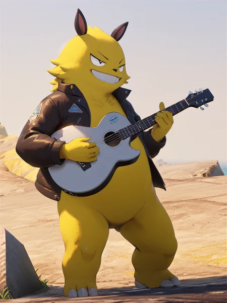 palworld-grizzbolt, pokemon, solo, <lora:palworld_grizzbolt_xl_v1-000019:0.8>, furry male, (yellow skin:1.5),
flower,outdoors,playing guitar,music,holding guitar,jacket,:3,shirt,masterpiece,best quality,