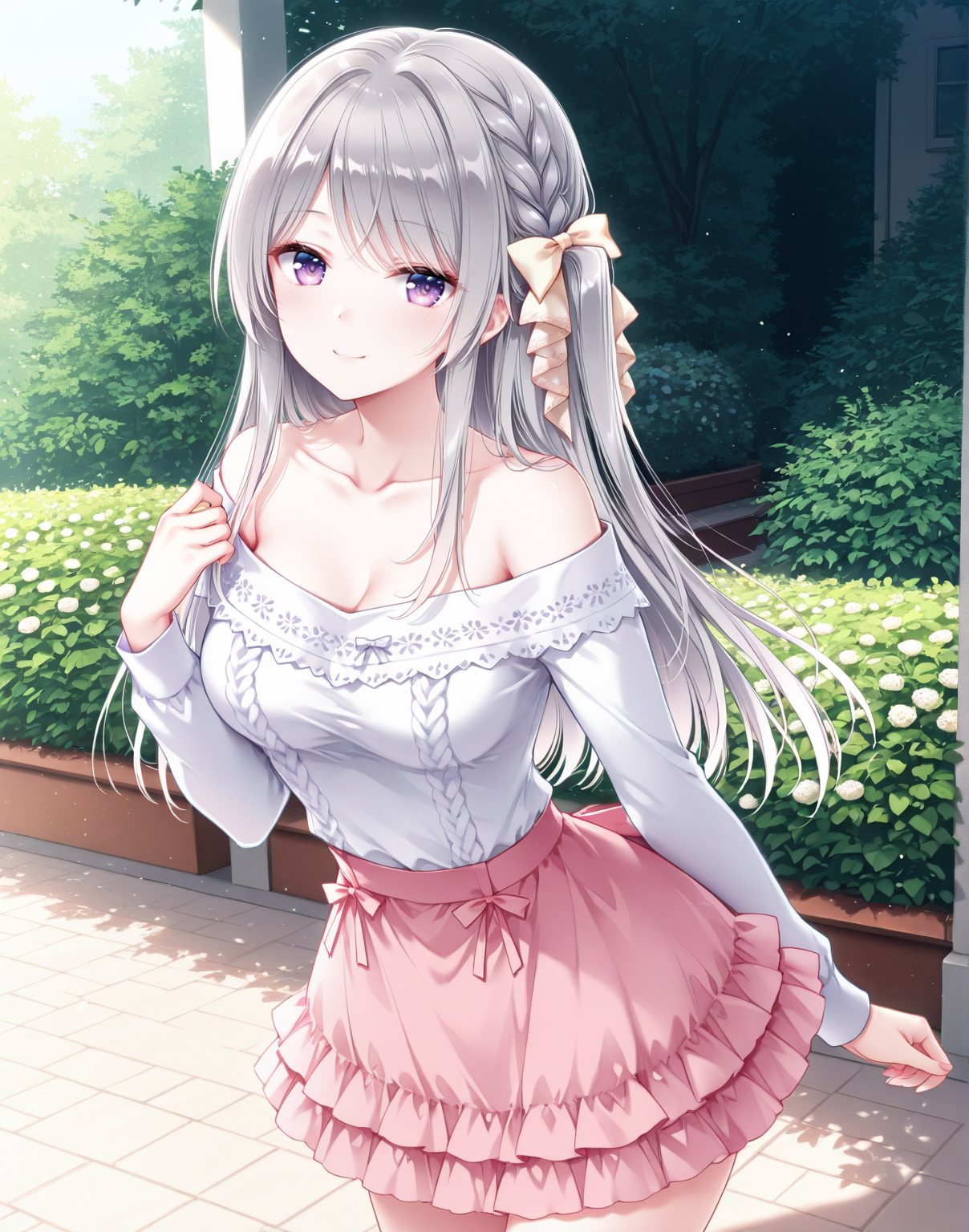masterpiece,best quality,newest,absurdres,highres,soft shadows,year2024,mutou kurihito,(kimishima ao:0.7),(hiten \(hitenkei\):0.4),(sheya:0.4),
<lora:kotoneXLNAI:1>,kotone,1girl,braid,sidelocks,grey hair,hair bow,hair ribbon,purple eyes,long hair,yellow bow,smile,
<lora:misakioffXLNAI:1>,offshirt,off-shoulder shirt,collarbone,microskirt,pink skirt,layered skirt,
standing,garden,
