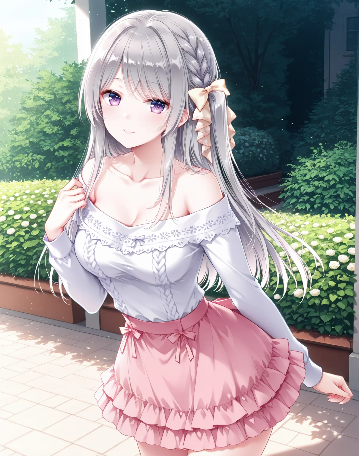 masterpiece,best quality,newest,absurdres,highres,soft shadows,year2024,mutou kurihito,(kimishima ao:0.7),(hiten \(hitenkei\):0.4),(sheya:0.4),
<lora:kotoneXLNAI:1>,kotone,1girl,braid,sidelocks,grey hair,hair bow,hair ribbon,purple eyes,long hair,yellow bow,smile,
<lora:misakioffXLNAI:1>,offshirt,off-shoulder shirt,collarbone,microskirt,pink skirt,layered skirt,
standing,garden,