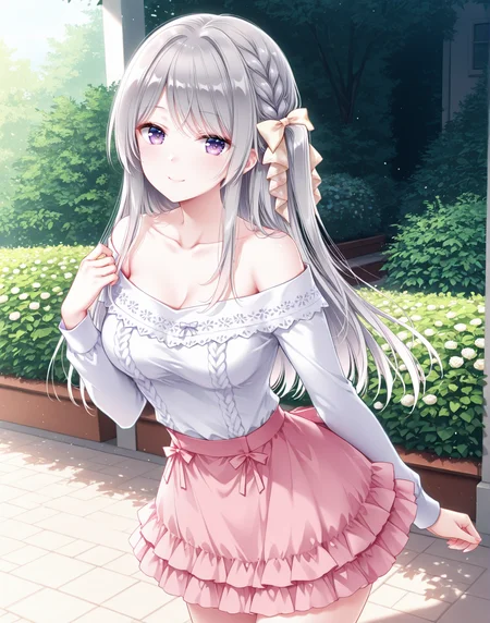 masterpiece,best quality,newest,absurdres,highres,soft shadows,year2024,mutou kurihito,(kimishima ao:0.7),(hiten \(hitenkei\):0.4),(sheya:0.4),
<lora:kotoneXLNAI:1>,kotone,1girl,braid,sidelocks,grey hair,hair bow,hair ribbon,purple eyes,long hair,yellow bow,smile,
<lora:misakioffXLNAI:1>,offshirt,off-shoulder shirt,collarbone,microskirt,pink skirt,layered skirt,
standing,garden,
