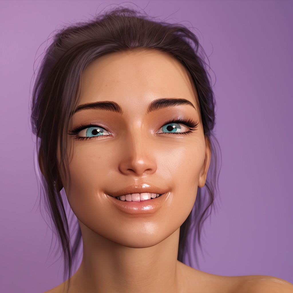 easynegative, masterpiece,best quality, highly detailed, score_9, score_8_up, score_7_up, score_6_up,
1 girl, solo, Brenna, grey-blue eyes, black hair, beautiful girl,  shiny look, dark skin.
happy face, smiling, face focus, close up of face. purple background.