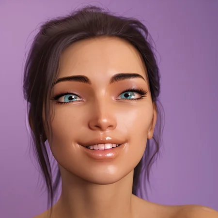 easynegative, masterpiece,best quality, highly detailed, score_9, score_8_up, score_7_up, score_6_up,
1 girl, solo, Brenna, grey-blue eyes, black hair, beautiful girl, shiny look, dark skin.
happy face, smiling, face focus, close up of face. purple background.