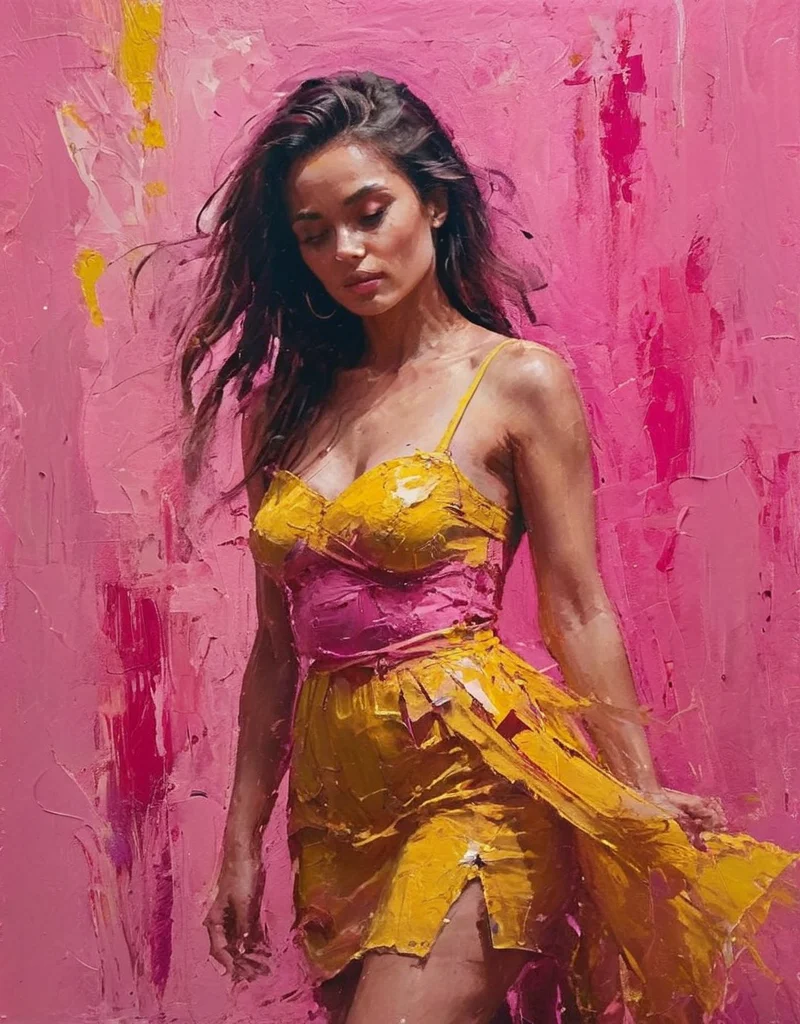 expressive bold brushstrokes. heartspoken truth of romance, background is pink merging into a (wonderful woman with yellow dress:1.2) <lora:EpiCPainting:0.8>