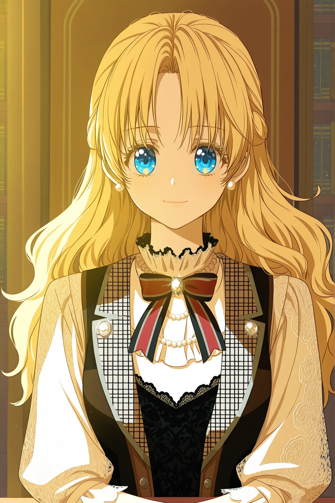 masterpiece, best quality, absurdres, high quality, detailed illustration, sharp focus, plaidcollardress, 1girl, solo, athanasia, blonde hair, blue eyes, wavy hair, long hair, bangs, earrings, pearl earrings, white blouse, patterned sleeves, sheer sleeves, long sleeves, ruffles, bib collar, vest, plaid, lace trim, black lace, red bow, gem, looking at viewer, thoughtful expression, slight smile, natural lighting, indoors, study room, bookshelf background, detailed background, upper body, sitting