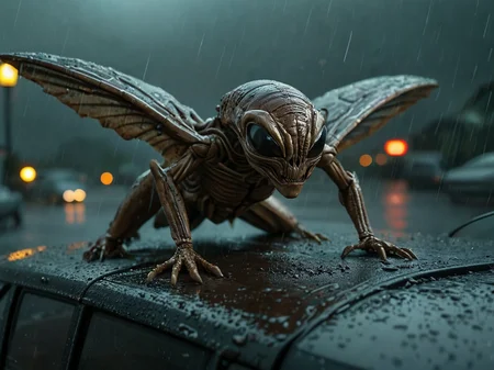 award winning photo,
3d, night,
a mysterious carapace, alien and threatening, remnants of wings, glittering, malevolent, lying in wait, deadly, fearless, sitting on the roof of a car in the rain,