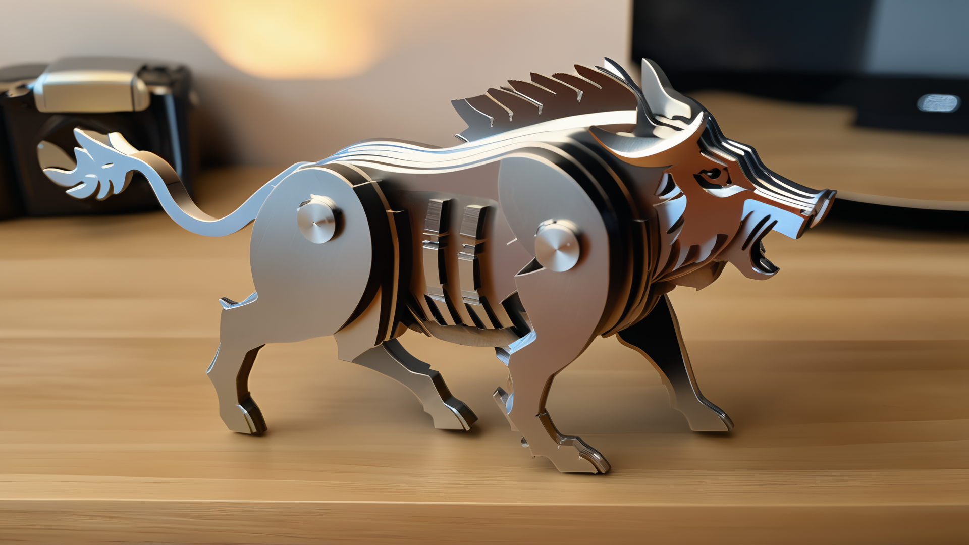 <lora:splicingtoycd_xl-000012:0.8>,a plane style steel boar made of splicingtoycd_xl on wooden desktop,three-dimensional puzzle,simple-structured,detailed,hi-res photo,chinese zodiac,no humans,silver theme,close-up,indoors,living room,simple background, emotional,harmonious,high budget,moody,epic,gorgeous,perfect lighting,realistic,photorealistic,photographic,photo (medium),real,moody lighting,volumetric lighting,reality ray tracing,8K,HDR,UHD,masterpiece,best quality,highly detailed,high resolution,finely detail,extremely detailed,ultra detailed,wallpaper