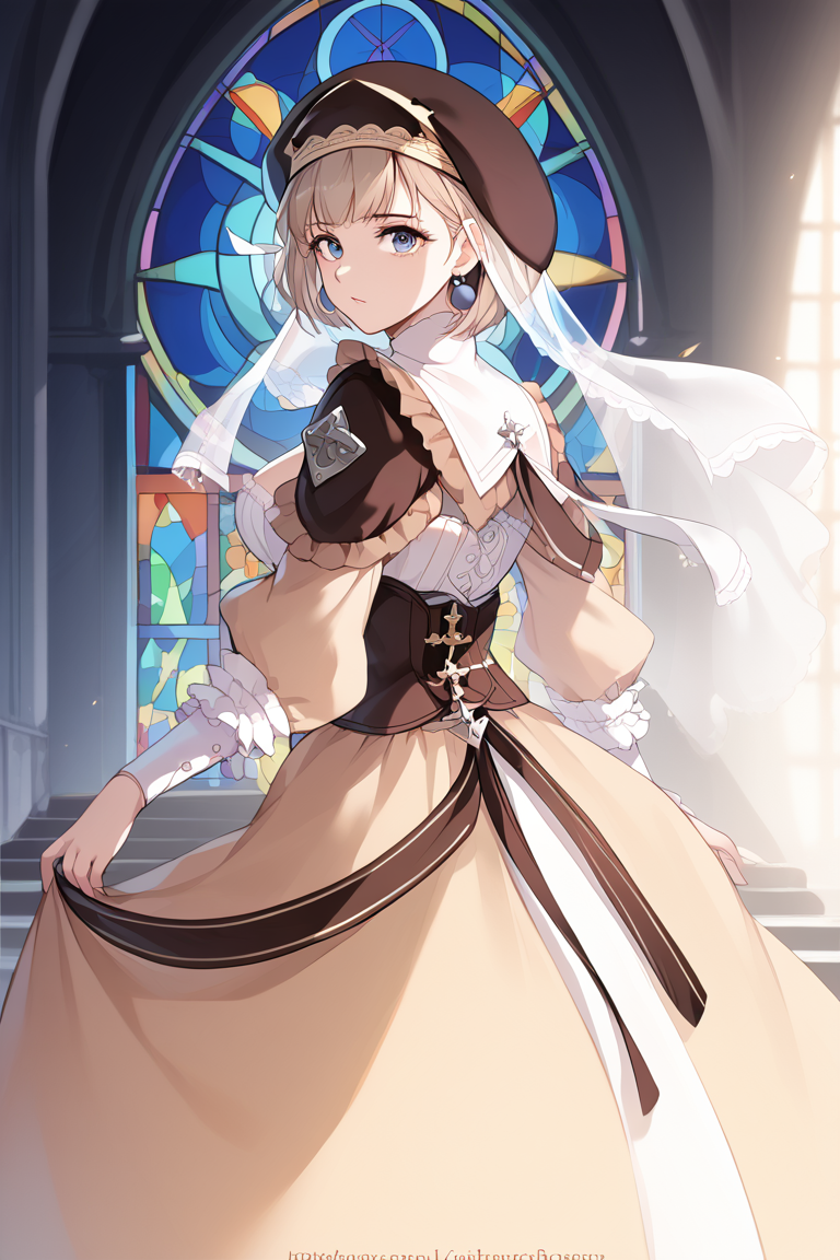 score_9, score_8_up, score_7_up, best quality, masterpiece, 4k, perfect lighting, very aesthetic, anime BREAK score_9, score_8_up, score_7_up, score_6_up, source_anime, 1girl, BREAK warMercie, back tattoo,  midriff peek, blue eyes, short hair, beret, veil, see-through, earrings, frilled dress, center frills, corset, long dress, breasts, looking at viewer, serious, church, stained glass <lora:Concept_Trampstamp:1>,  <lora:mercedes-pdxl-nvwls-v1:1>, rating_explicit, uncensored