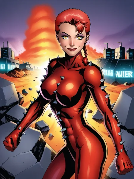 hands down, nervous smile, looking at viewer, smile, cowboy shot, (dynamic pose:1.1), dynamic angle, from side, destruction, buildings, rocks,
<lora:RachelSummer_character:1> RachelSummer, very short hair, mullet cut, single braid, single bang, yellow eyes, red hair, latex bodysuit, spikes, long sleeves, makeup, evil smile, <lora:jl33XLP:0.7> jl33, science fiction,