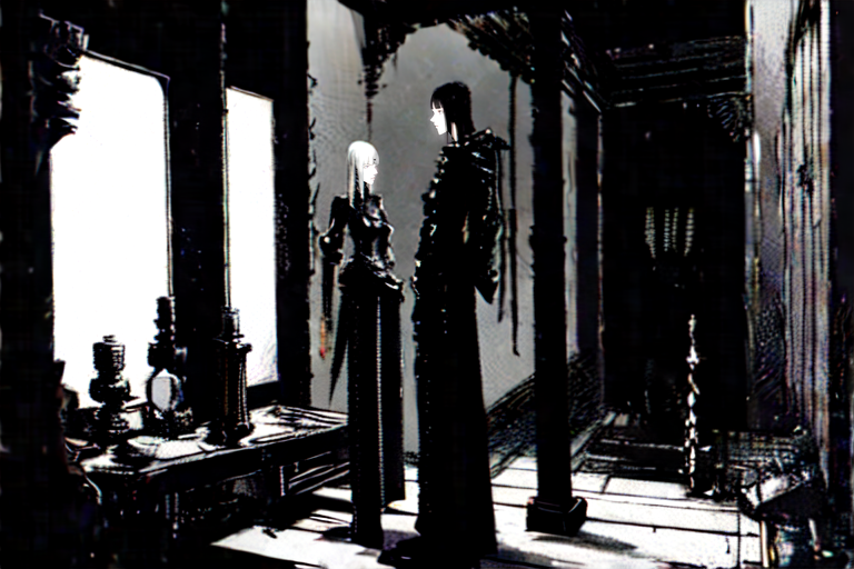 highly insanely detailed, masterpiece, top quality, best quality, highres, 4k, 8k, RAW photo, (very aesthetic, beautiful and aesthetic),  
tsutomu nihei,nihei_tsutomu,blame!,blame gakuen!,abara,TNstyle,sidonia_no_kishi,(mausoleum,deep horizon,stairs,sidonia \(ship\),hangar),cyberpunk, 
<lora:blamev2:1>, 
(1girl:1.3), 
solo focus, 
Grooming Area,Elegant space with polished ebony mirrors reflecting flickering candlelight,intricately carved wooden stools arranged neatly around a central basin,jars of fragrant oils and cosmetics neatly arranged on shelves,and servants standing by with combs and brushes,âââ