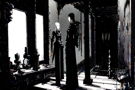 highly insanely detailed, masterpiece, top quality, best quality, highres, 4k, 8k, RAW photo, (very aesthetic, beautiful and aesthetic),
tsutomu nihei,nihei_tsutomu,blame!,blame gakuen!,abara,TNstyle,sidonia_no_kishi,(mausoleum,deep horizon,stairs,sidonia \(ship\),hangar),cyberpunk,
<lora:blamev2:1>,
(1girl:1.3),
solo focus,
Grooming Area,Elegant space with polished ebony mirrors reflecting flickering candlelight,intricately carved wooden stools arranged neatly around a central basin,jars of fragrant oils and cosmetics neatly arranged on shelves,and servants standing by with combs and brushes,âââ