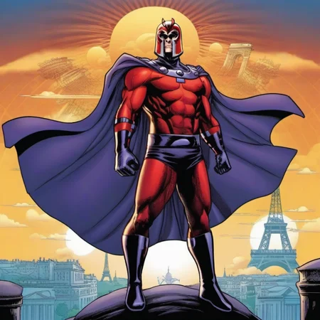 comic a full body powerfull man with a helmet and a cape, paris background<lora:Magneto1024:0.8> . graphic illustration, comic art, graphic novel art, vibrant, highly detailed