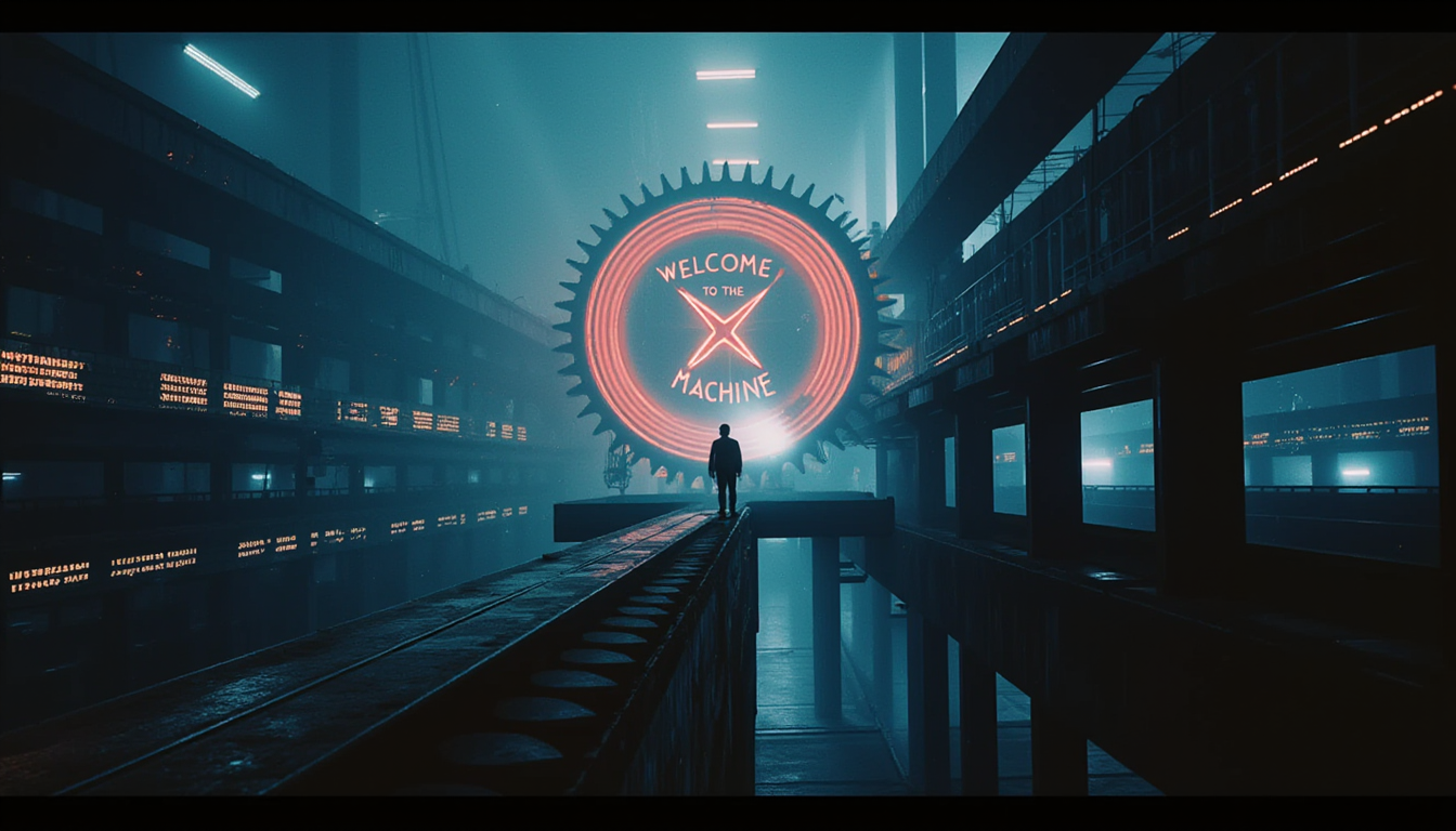 Scene: A Dystopian Industrial Landscape. A lone figure, silhouetted and dwarfed by massive machinery Setting: The figure stands on a narrow walkway suspended high above a vast, dark factory floor. Enormous gears, pistons, and conveyor belts dominate the space, moving in perfect synchronization. Steam hisses from pipes, and sparks fly from unseen welding torches. Backdrop: The walls are lined with rows of identical computer screens, each displaying scrolling data and pulsing waveforms. A giant mechanical eye looms overhead, its pupil a clock face with hands spinning wildly. Atmosphere: The scene is bathed in an eerie, pulsating blue light that seems to emanate from the machinery itself. Shadows dance across the walls, creating an unsettling sense of movement. The air is thick with a metallic haze, giving everything a slightly blurred, dreamlike quality. "WELCOME TO THE MACHINE" appears as if etched into the largest gear, glowing with an ominous red light.