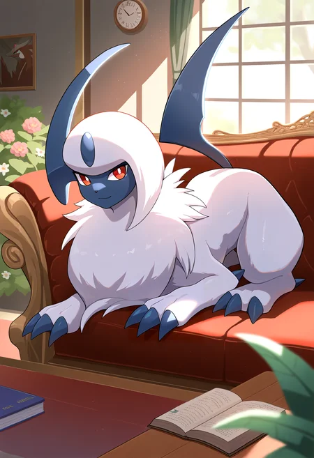 very awa, masterpiece, best quality, year 2024, newest, highres, absurdres, <lora:age_slider_v4:3> <lora:thicc_v1.4-pony:1.2>,detailed_background,outdoors,pokemon \(creature\),horns,aruco co,game freak,flower,tree,smile,no humans,creatures \(company\),book,picture frame,lying,gen 3 pokemon,closed mouth,claws,white pupils,forehead jewel,window,single horn,highres,couch,red eyes,clock,absol,nintendo,indoors,animal focus,on couch,pokemon,bright pupils