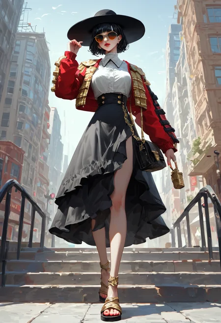 score_9, score_8_up,  solo, willowy 1girl wearing plain black gauze maxi skirt and sandals and  ornate red and gold jacket, sunglasses, wide brim hat, black hair, blunt bangs, white blouse, breasts, new york city sidewalk
<lora:traje_PNY_Panache:0.7>  <lora:Expressive_H:1> Expressiveh